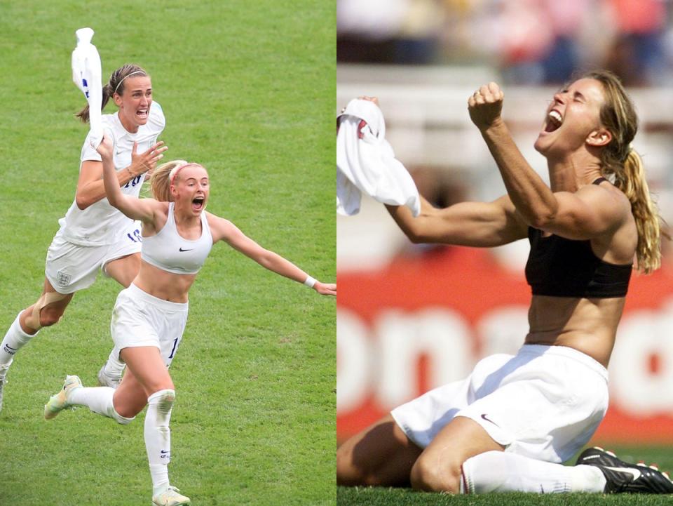 Chloe Kelly and Brandi Chastain tore off their jerseys after scoring winning goals for their teams (Getty)