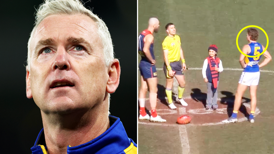 Adam Simpson (pictured left) has parted ways with the West Coast Eagles after 11 years as coach as Kane Cornes took aim at a pre-game moment from the weekend. (Images: Getty Images/Fox Sports)