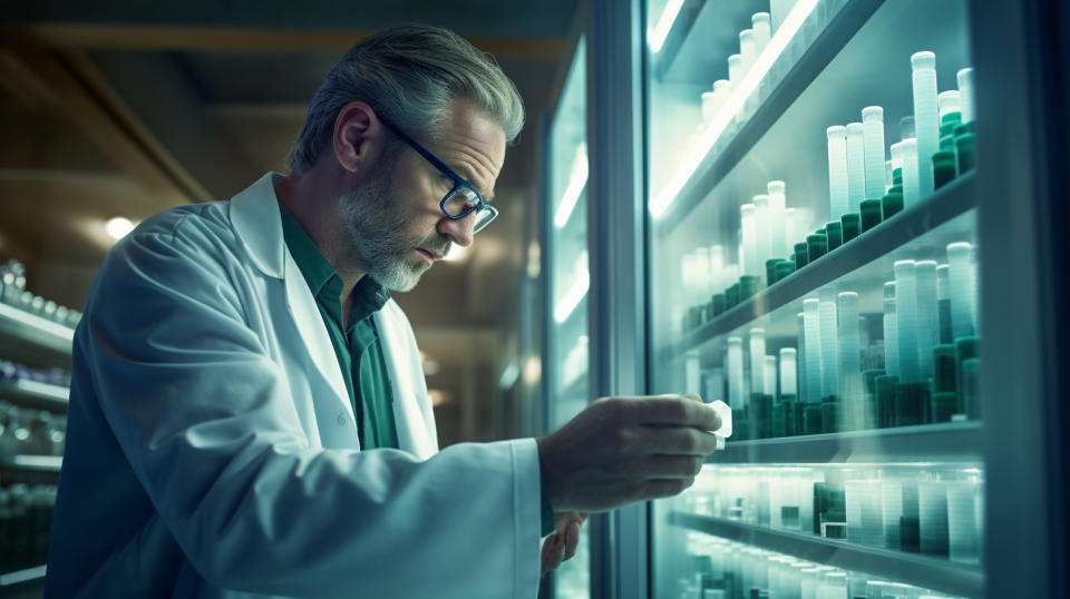 A pharmacist preparing a dose of an immuno-oncology agent for research use.