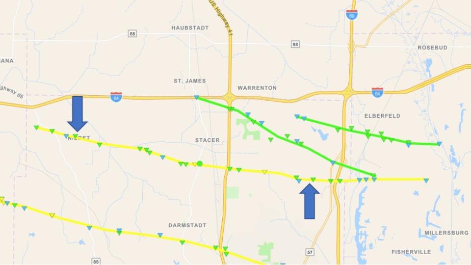 The path of an April 2 tornado that moved from far northwest Vanderburgh County into Warrick County.