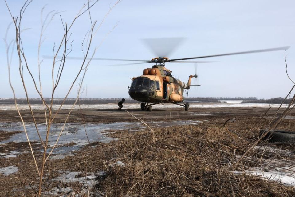 This photograph taken on February 24, 2023, shows a Ukrainian Mi-17 helicopter taking off in Eastern Ukraine, amid the Russian invasion of Ukraine. (Photo by Anatolii Stepanov / AFP) (Photo by ANATOLII STEPANOV/AFP via Getty Images)