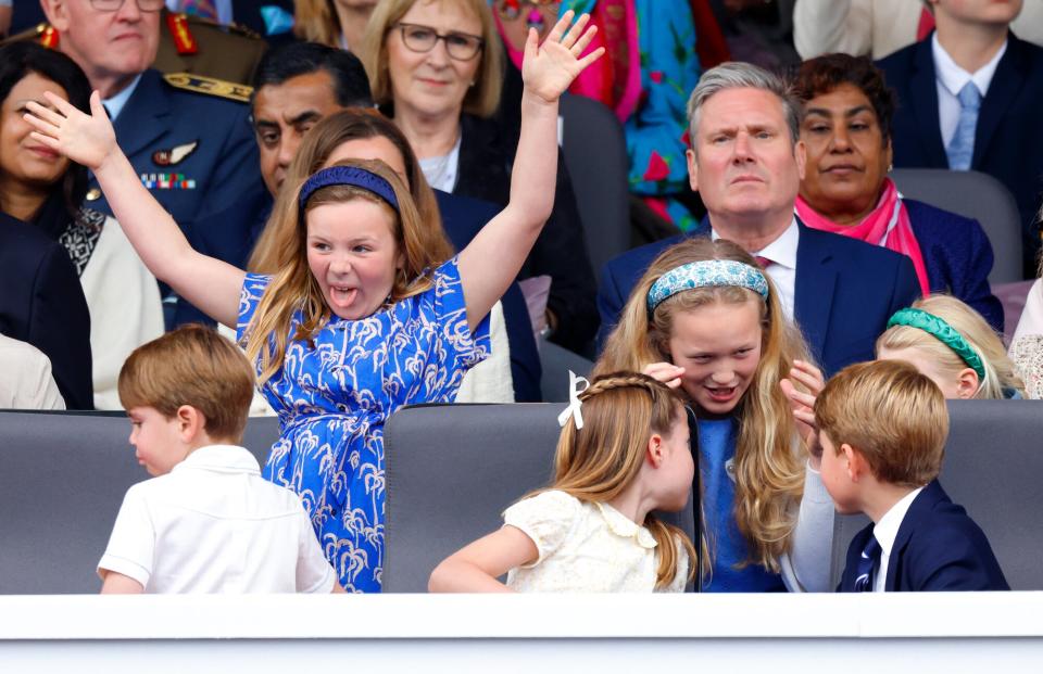 Prince Louis of Cambridge, Mia Tindall, Princess Charlotte of Cambridge, Savannah Phillips and Prince George of Cambridge attend the Platinum Pageant on The Mall on June 5, 2022 in London, England. The Platinum Jubilee of Elizabeth II is being celebrated from June 2 to June 5, 2022, in the UK and Commonwealth to mark the 70th anniversary of the accession of Queen Elizabeth II on 6 February 1952.