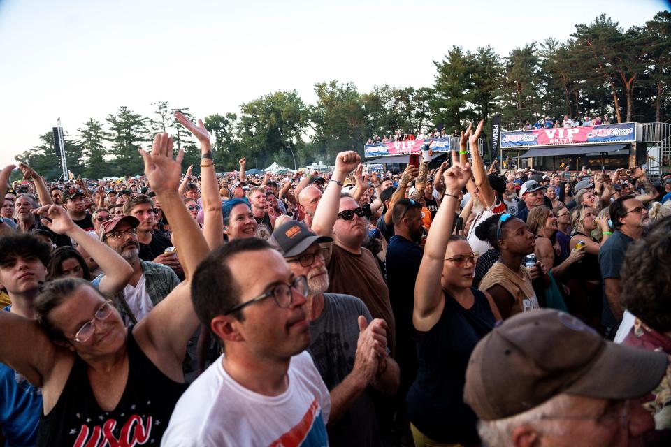 Fans watch Lynyrd Skynyrd perform during RAGBRAI 50 at The Lauridsen Amphitheater in Des Moines.