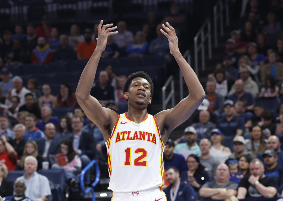 Nov 6, 2023; Oklahoma City, Oklahoma, USA; Atlanta Hawks forward De’Andre Hunter (12) reacts after a play against the Oklahoma City Thunder during the second quarter at Paycom Center. Mandatory Credit: Alonzo Adams-USA TODAY Sports