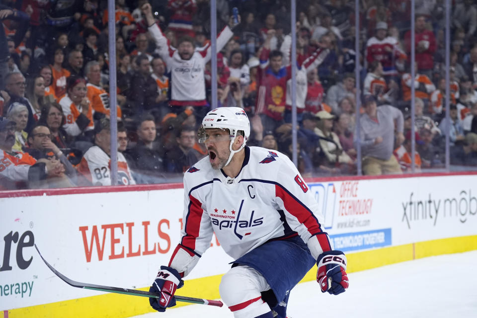 Washington Capitals' Alex Ovechkin reacts after scoring a goal during the first period of an NHL hockey game against the Philadelphia Flyers, Tuesday, April 16, 2024, in Philadelphia. (AP Photo/Matt Slocum)