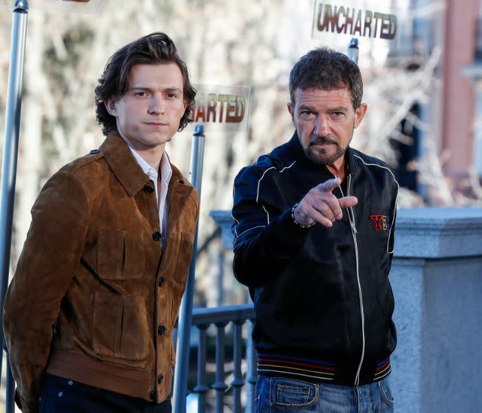 Tom Holland y Antonio Banderas en la presentación en Madrid de Uncharted.