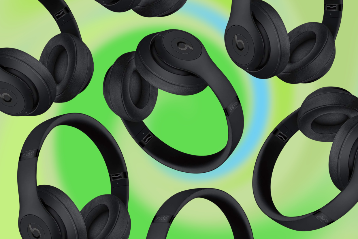 beats headphones, collage of Beats Studio3 Wireless Noise Cancelling Over-Ear Headphones on green background