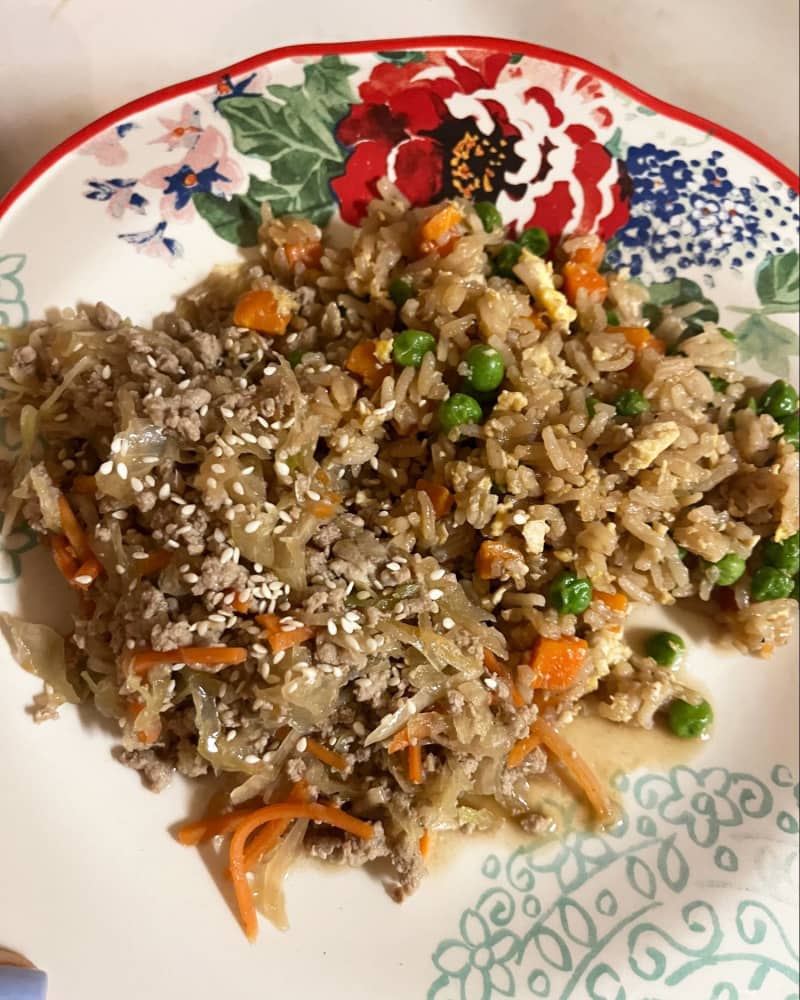 Fried rice and "egg roll in a bowl" on plate