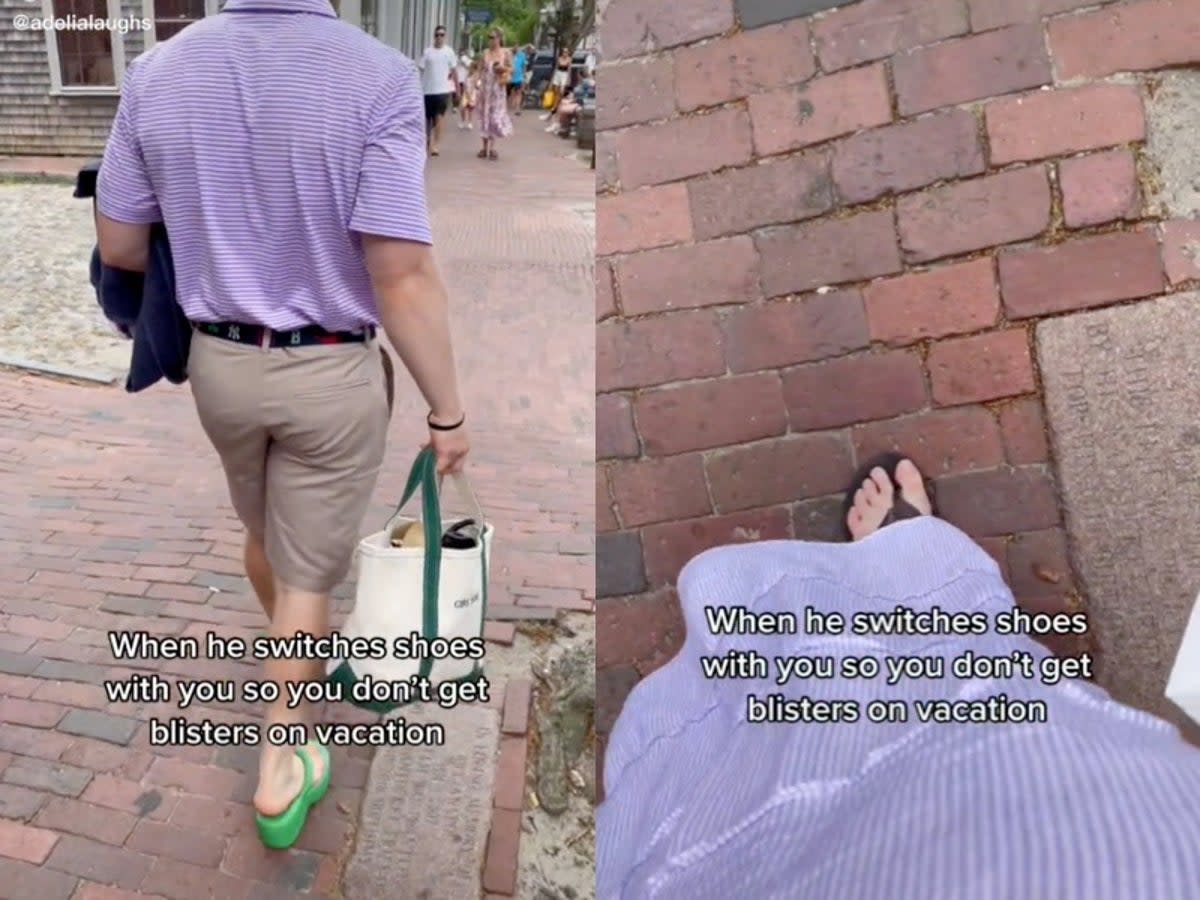 TikToker praises husband after he swaps shoes with her so she won’t get blisters (TikTok / @adelialaughs)