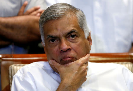 Sri Lanka's ousted Prime Minister Ranil Wickremesinghe reacts during a news conference in Colombo, Sri Lanka October 27, 2018. REUTERS/Dinuka Liyanawatte