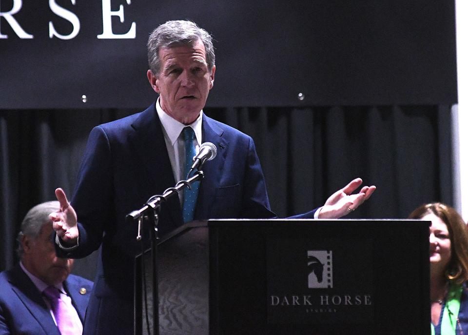 Governor Roy Cooper speaks as Dark Horse Studios held a ceremonial groundbreaking event on a massive expansion that will feature the first purpose-built studio North Carolina has seen in more than 40 years. The expansion will double the size of Dark Horse Studios and enable it to accommodate twice as many productions annually. Dark Horse Studios was founded in 2020. KEN BLEVINS/STARNEWS