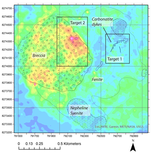 Geological and thorium anomaly map of Nkalonje  showing exploration targets.Blue = low, red/yellow = high thorium counts, Grid is UTM Zone 36S in WGS84 Datum.