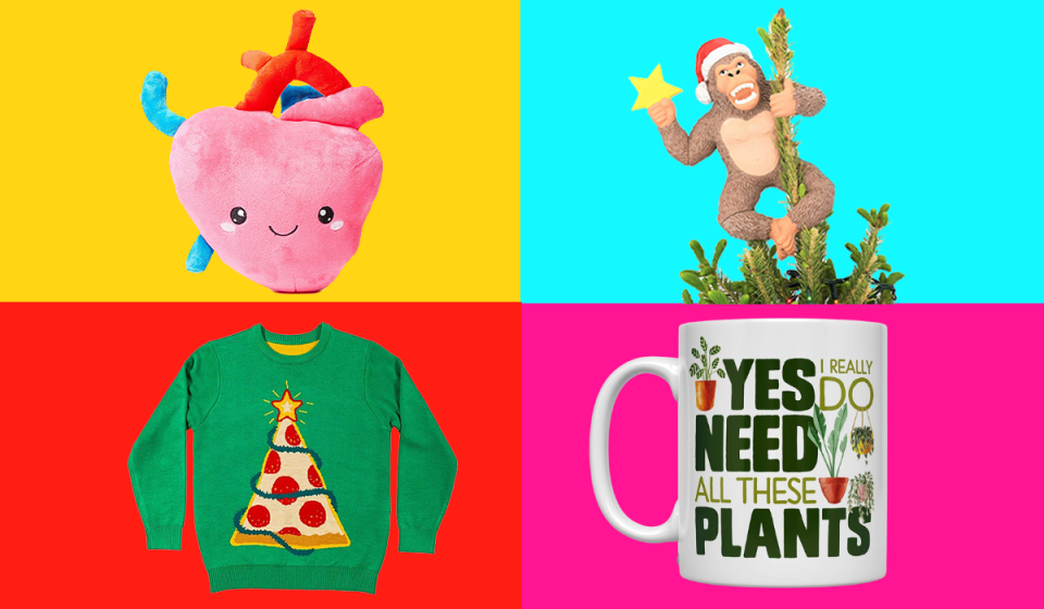heart plush, King King tree topper, ugly Christmas sweater and plants mug