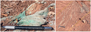 Newly discovered outcropping sediment-hosted copper mineralization at Mirador.  Yellow dashed lines indicate minimum stratigraphic thickness of mineralization.  Recent alluvial sediment obscures the geological boundary.