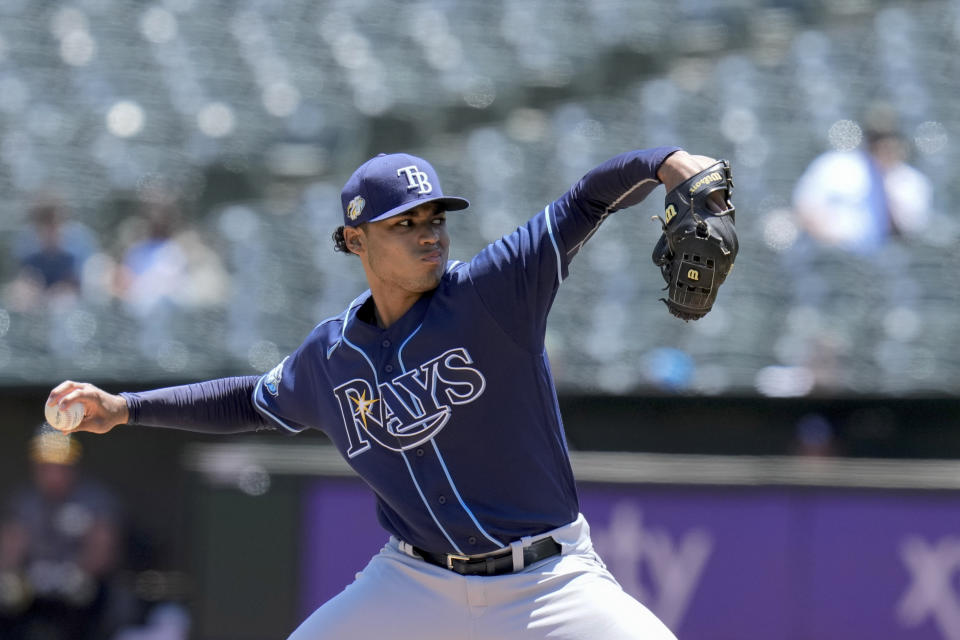 Tampa Bay Rays pitcher Taj Bradley throws against the Oakland Athletics during the first inning of a baseball game in Oakland, Calif., Thursday, June 15, 2023. (AP Photo/Godofredo A. Vásquez)