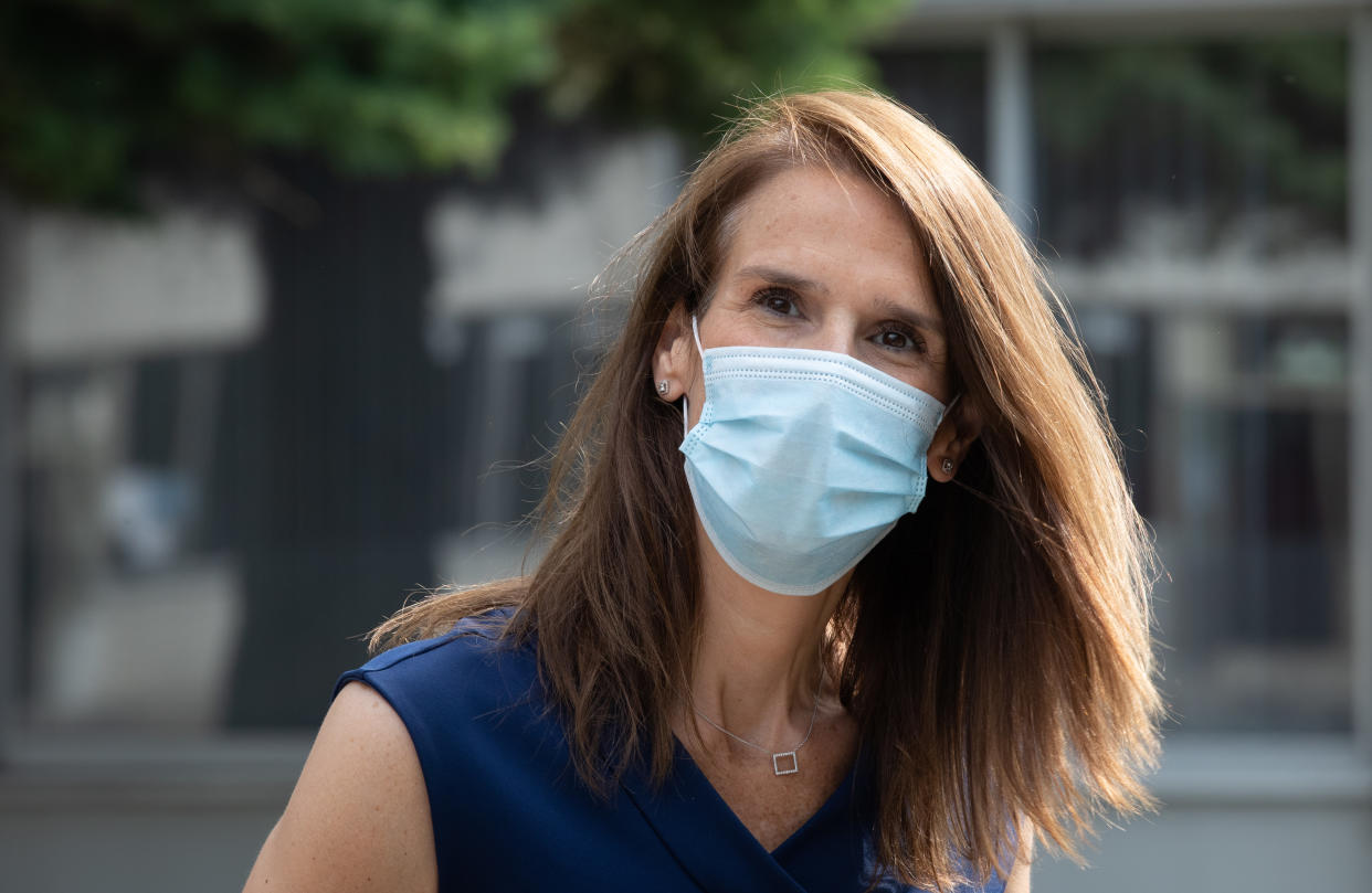 Prime Minister Sophie Wilmes wears a mouth mask during a visit of the Prime Minister to the Athenee Royale Rene Magritte, in Lessines, Friday 26 June 2020. During the corona virus lockdown, all 'live' classes were suspended and teachers had to switch rapidly to teaching through online long distance classes. BELGA PHOTO BENOIT DOPPAGNE (Photo by BENOIT DOPPAGNE/BELGA MAG/AFP via Getty Images)