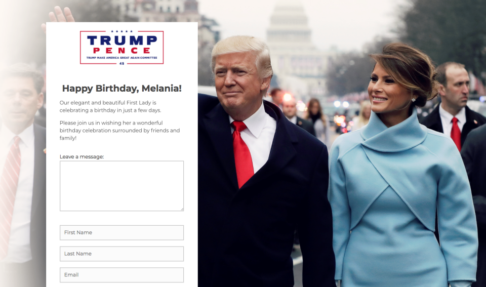 Melania will be celebrating her 48th birthday next week, with an online card for well-wishers to sign. Photo: https://action.donaldjtrump.com