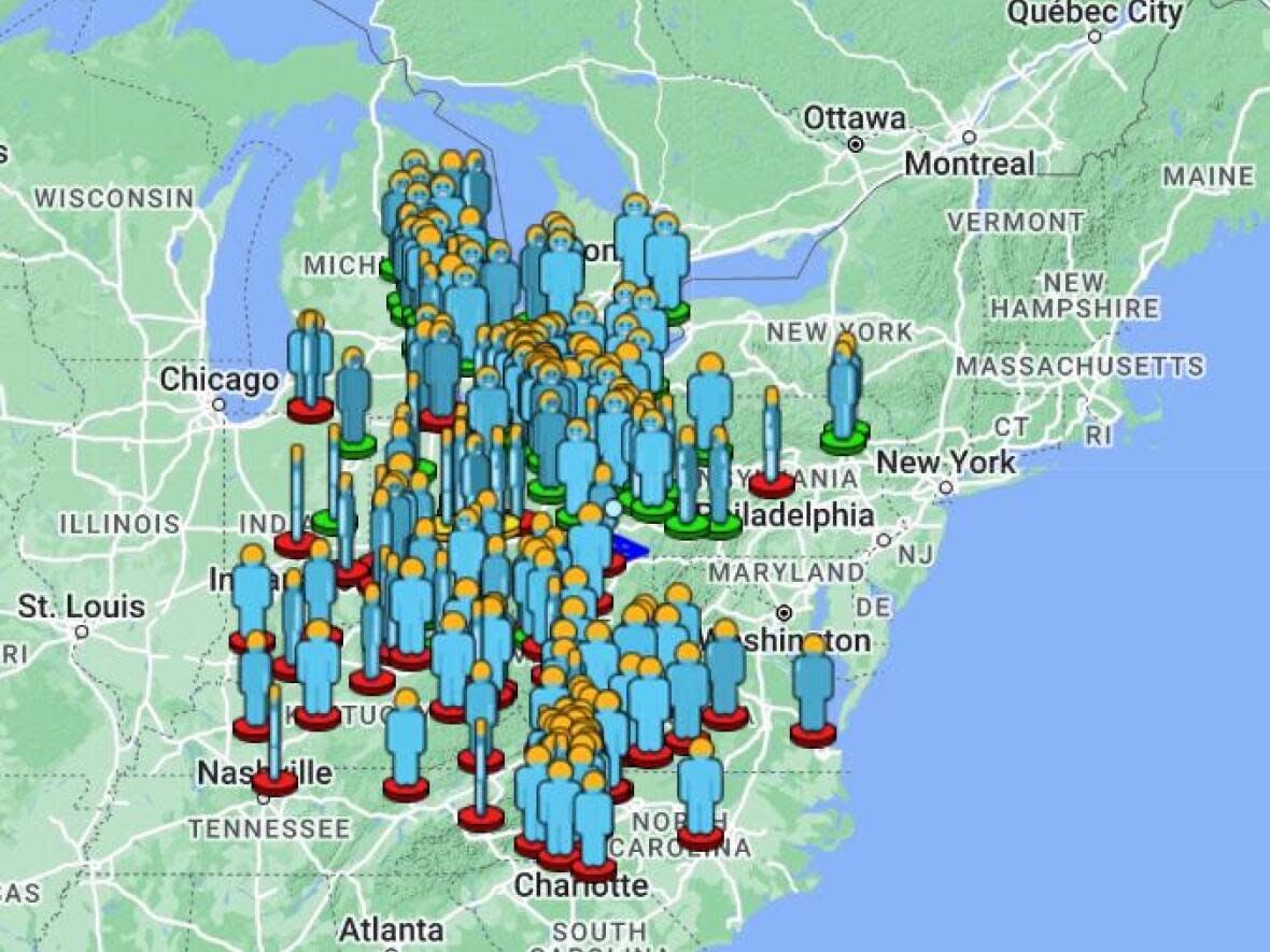 Mike Hankey created the online fireball reporting tool used by the American Meteor Society, pictured here showing reported sightings of the meteor seen on Thursday.  (American Meteor Society - image credit)