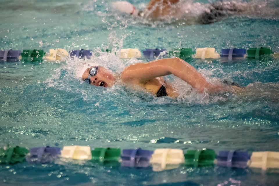 Mountain Lakes "hosts" the first NJSIAA virtual swim meet of 2021 at Lakeland Hills YMCA in Mountain Lakes on Tuesday February 16, 2021. Lorelai Page swims the 500 freestlye during timed trials at the YMCA. Morris Knolls will swim Thursday at County College of Morris. 