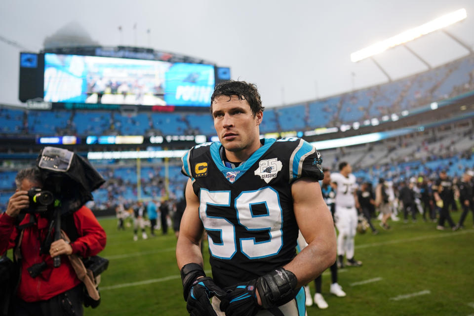 CHARLOTTE, NORTH CAROLINA - DECEMBER 29: Luke Kuechly #59 of the Carolina Panthers after their game against the New Orleans Saints at Bank of America Stadium on December 29, 2019 in Charlotte, North Carolina. (Photo by Jacob Kupferman/Getty Images)