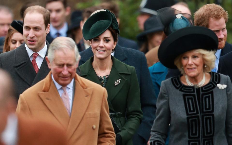Prince William, Prince Charles, Catherine, Duchess of Cambridge, and Camilla, Duchess of Cornwall attend a Christmas Day church service at Sandringham, December 2015.