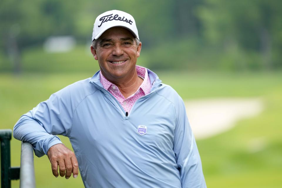 Tracy Phillips poses for a picture at the PGA Championship golf tournament at the Valhalla Golf Club, Tuesday, May 14, 2024, in Louisville, Ky. The 61-year-old club pro qualified for the tournament this year. (AP Photo/Matt York)