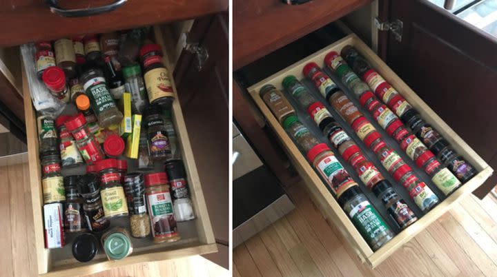 A spice rack drawer organizer to make looking for your favorite seasonings super simple