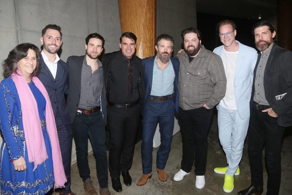 Behind the scenes on opening night of “Swept Away” in Washington, D.C. From left, producer Gigi Pritzker, associate producer for Madison Wells Evan Mayer, producer Sean Hudock, Bob Crawford, Scott Avett, producer Matthew Masten, producer Jamie Forshaw, Seth Avett.