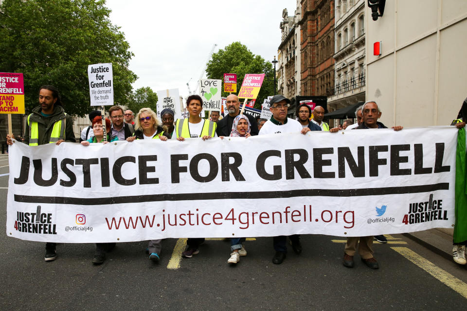  Campaigners hold a banner and placards during the Justice for Grenfell Solidarity rally against the lack of action by the Government following the Grenfell Tower fire, in rehousing affected families, delays in the Public Inquiry, tower blocks still covered in flammable cladding, soil contamination and the performance of Royal Borough of Kensington and Chelsea.On 14 June 2017, just before 1:00 am a fire broke out in the kitchen of the fourth floor flat at the 24-storey residential tower block in North Kensington, West London, which took the lives of 72 people. More than 70 others were injured and 223 people escaped. (Photo by Dinendra Haria/SOPA Images/LightRocket via Getty Images)