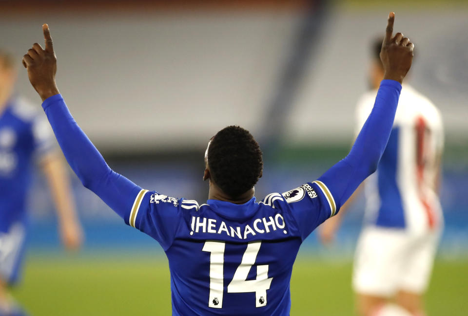 Leicester's Kelechi Iheanacho celebrates after scoring his side's second goal during the English Premier League soccer match between Leicester City and Crystal Palace at the King Power Stadium in Leicester, England, Monday, April 26, 2021.(Andrew Boyers/Pool via AP)