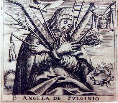 <a href="https://w2.vatican.va/content/benedict-xvi/en/audiences/2010/documents/hf_ben-xvi_aud_20101013.html">Angela of Foligno</a>&nbsp;was a Franciscan mystic who was born into a prestigious family and married at the age of 20. A series of events, which included a violent earthquake in 1279 and an ongoing war against Perugia lead her to call upon St Francis, who appeared to her in a vision and instructed her to go to confession. Three years later, her mother, husband and all of her children died in the span of a few months. Angela then sold her possessions and in 1291 enrolled in the Third Order of St Francis. At 43, Angela <a href="http://www.christianitytoday.com/ch/1991/issue30/3031.html?start=3">had a vision</a>&nbsp;of God&rsquo;s love while she was making a pilgrimage to the shrine of St. Francis of Assisi. She dictated her experiences in <i>The Book of the Experience of the Truly Faithful</i>. Pope Francis <a href="https://www.catholicculture.org/news/headlines/index.cfm?storyid=20123">canonized</a>&nbsp;Angela of Foligno in 2013.