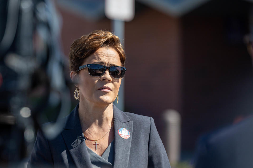 Kari Lake casts her vote in the primary election on March 19, 2024, at Grand Canyon University in Phoenix.