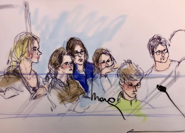 This sketch depicts Huffman partially hidden behind some of the others. (Image: Mona Shafer Edwards/Reuters)