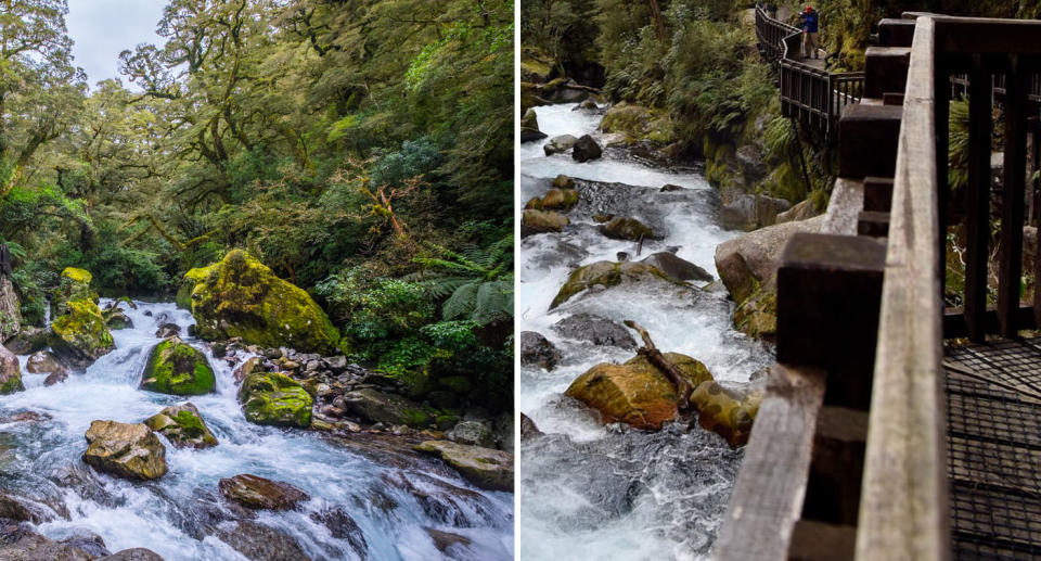 Two images of the fast-flowing Marian Creek in New Zealand.