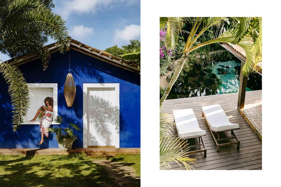 <p>Marta Tucci</p> From left: Model Franciele Jesus dos Santos wears a Farm Rio dress at Uxua Casa Hotel & Spa, a boutique hotel in Trancoso, Brazil; Casa do Lago, one of the accommodations at Uxua Casa Hotel & Spa, overlooks a natural, swimmable lake.