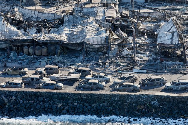 An aerial view of Lahaina, Maui, on Aug. 11, days after a wind-fueled wildfire devastated the area.