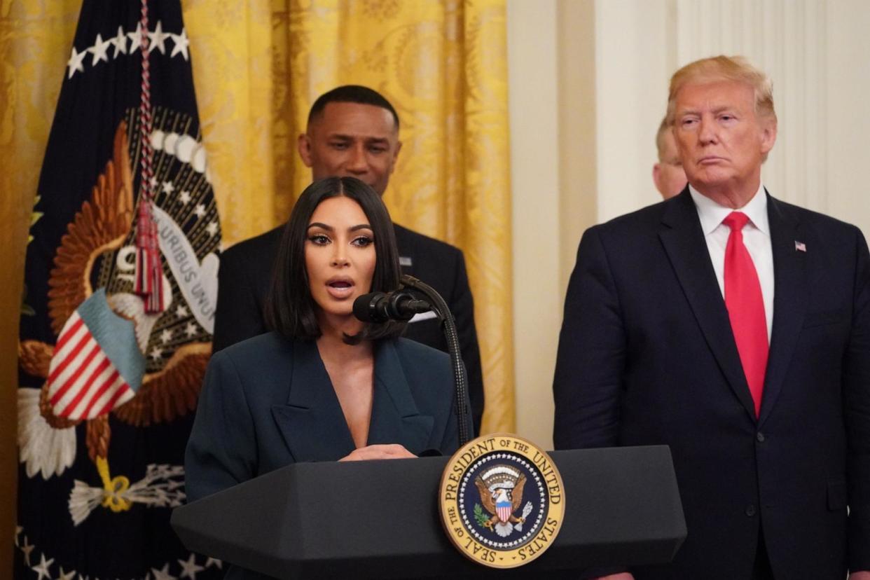 PHOTO: Kim Kardashian speaks as President Donald Trump holds an event on second chance hiring and criminal justice reform in the East Room of the White House in Washington, June 13, 2019.  (Mandel Ngan/AFP via Getty Images)