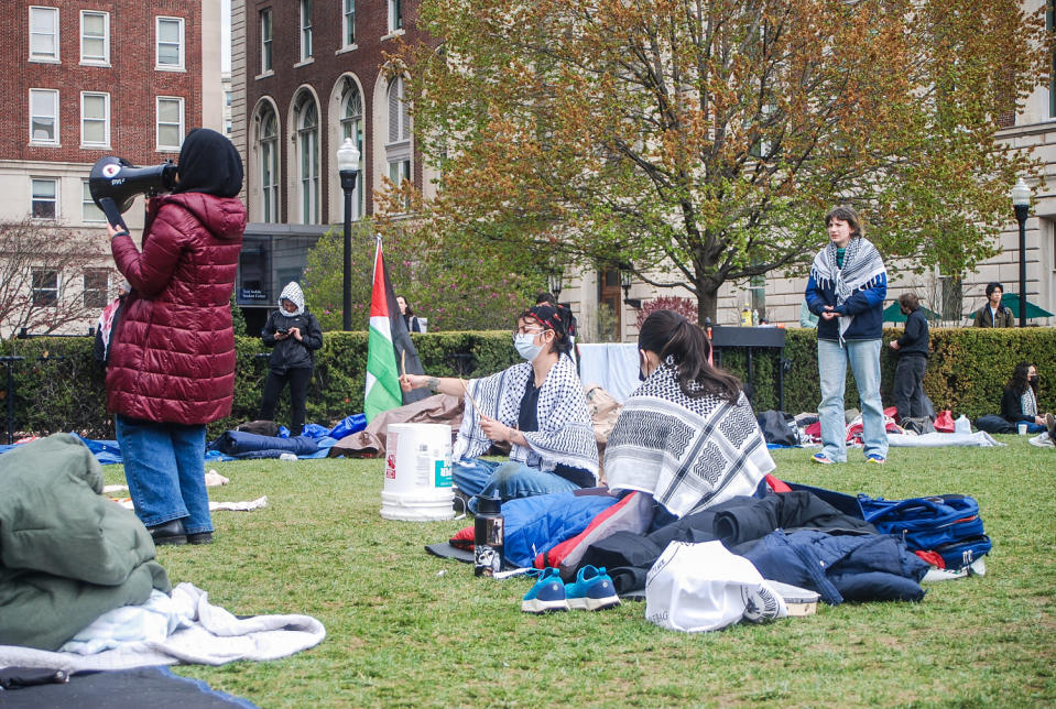 Pro-Palestinian student protesters resumed a third day of demonstrations on April 19, 2024 at New York’s Columbia University. (Isabella Farfan / NBC News)