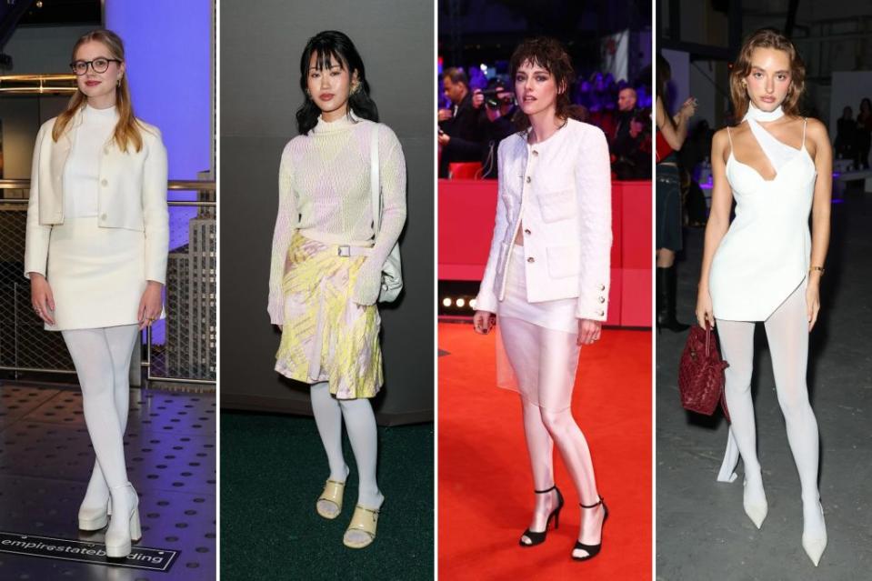 Celebs in white tights (from left): Angourie Rice wears Theory in NYC, influencer Jihoon Kim wears Burberry Resort 2024 at the brand’s London Fashion Week show, Kristen Stewart at the 74th Berlinale International Film Festival wearing full Chanel and Saskia Teje attending the David Koma London Fashion Week show in February.