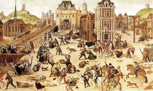 <span class="caption">Blood on the streets: the 1572 St Bartholomew's Day massacre. </span> <span class="attribution"><a class="link " href="https://en.wikipedia.org/wiki/File:Francois_Dubois_001.jpg" rel="nofollow noopener" target="_blank" data-ylk="slk:Saint Bartholomew's Day Massacre by Francois Dubois via Wikimedia Commons;elm:context_link;itc:0;sec:content-canvas">Saint Bartholomew's Day Massacre by Francois Dubois via Wikimedia Commons</a></span>