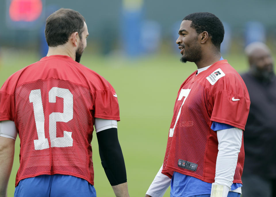 Indianapolis Colts quarterback Jacoby Brissett, right, talks with quarterback Andrew Luck during a practice in 2017. (AP)