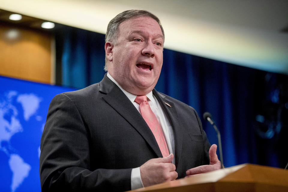 In this Oct. 23, 2018 photo, Secretary of State Mike Pompeo speaks to reporters at a news conference at the State Department in Washington. The Trump administration is calling for a halt to the civil war in Yemen, including airstrikes by the Arab-led coalition supported by the United States. Pompeo is urging all parties to support U.N. Special Envoy Martin Griffiths in what Pompeo says must be "substantive consultations" in November in a third country. (AP Photo/Andrew Harnik)