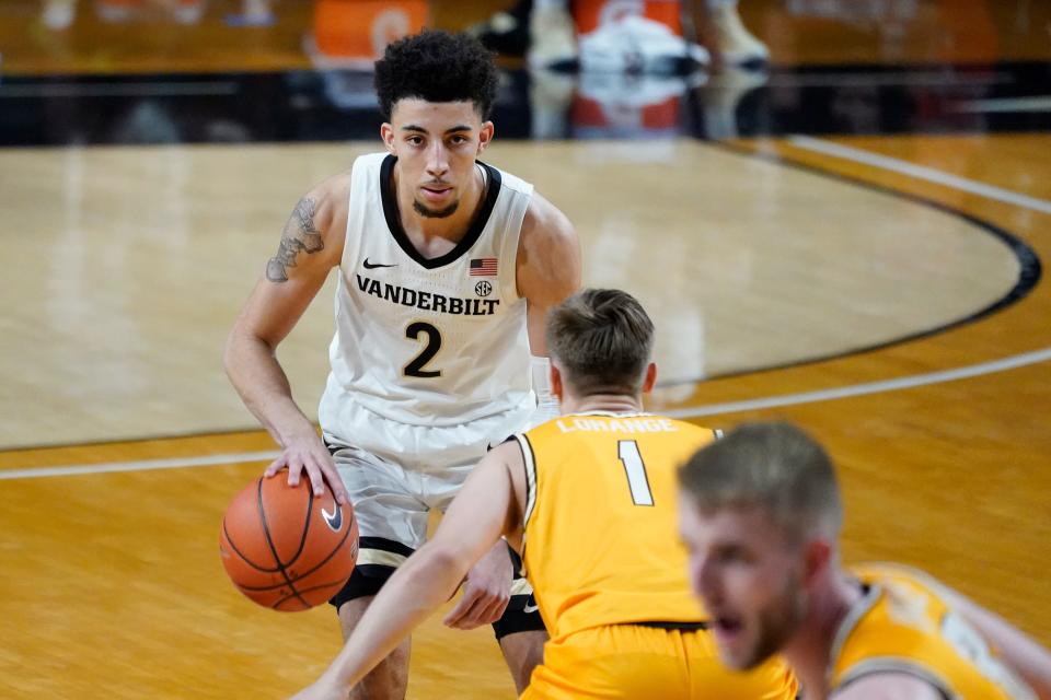 Vanderbilt guard Scotty Pippen Jr. (2) plays against Valparaiso in the first half of an NCAA college basketball game Friday, Nov. 27, 2020, in Nashville, Tenn. (AP Photo/Mark Humphrey)