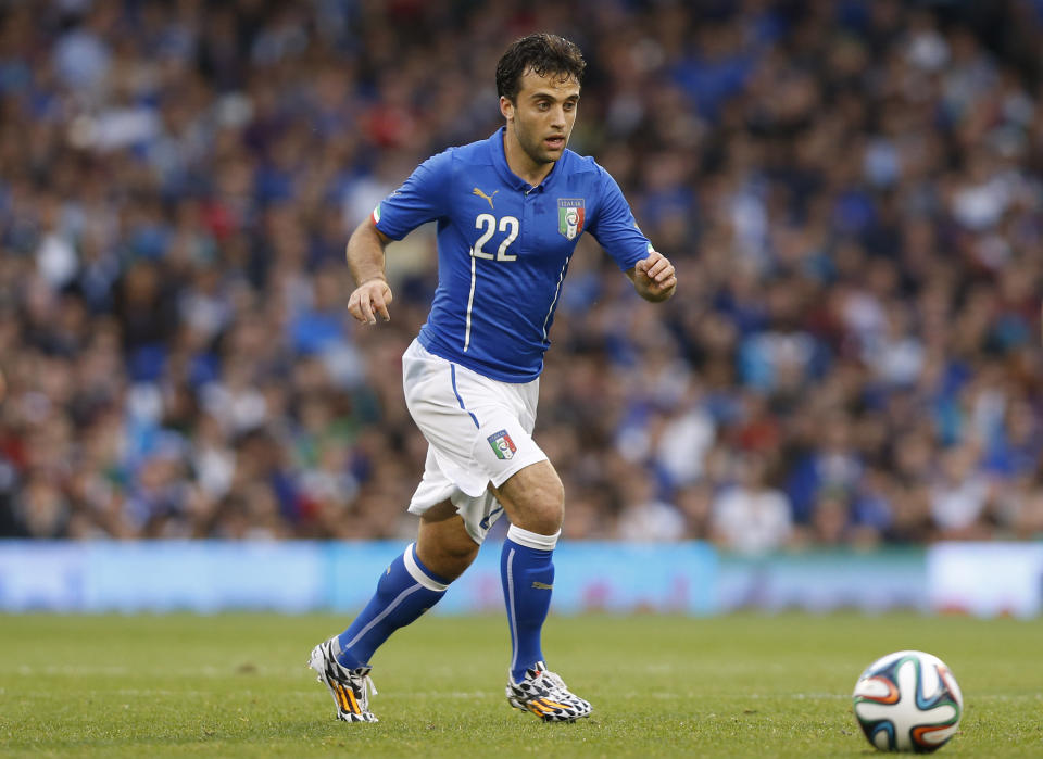 FILE - In this May 31, 2014, file photo, Italy's Giuseppe Rossi plays against the Republic of Ireland during an international friendly soccer match at Craven Cottage, London. Rossi has signed with Major League Soccer's Real Salt Lake, 21 months after his last competitive match. The 33-year-old from Clifton, N.J., had spent his entire professional career in Europe after moving when he was 12 to join Parma's youth academy, but he has been derailed by five major knee injuries. (AP Photo/Sang Tan, File)