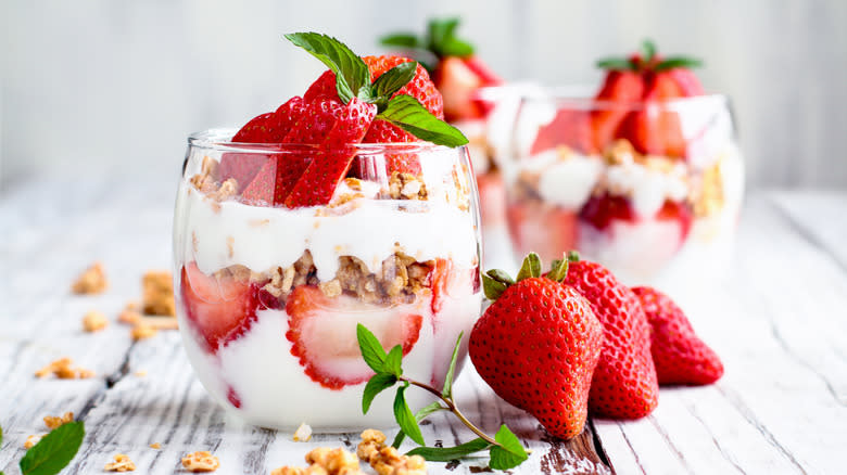Strawberry parfaits in clear glasses