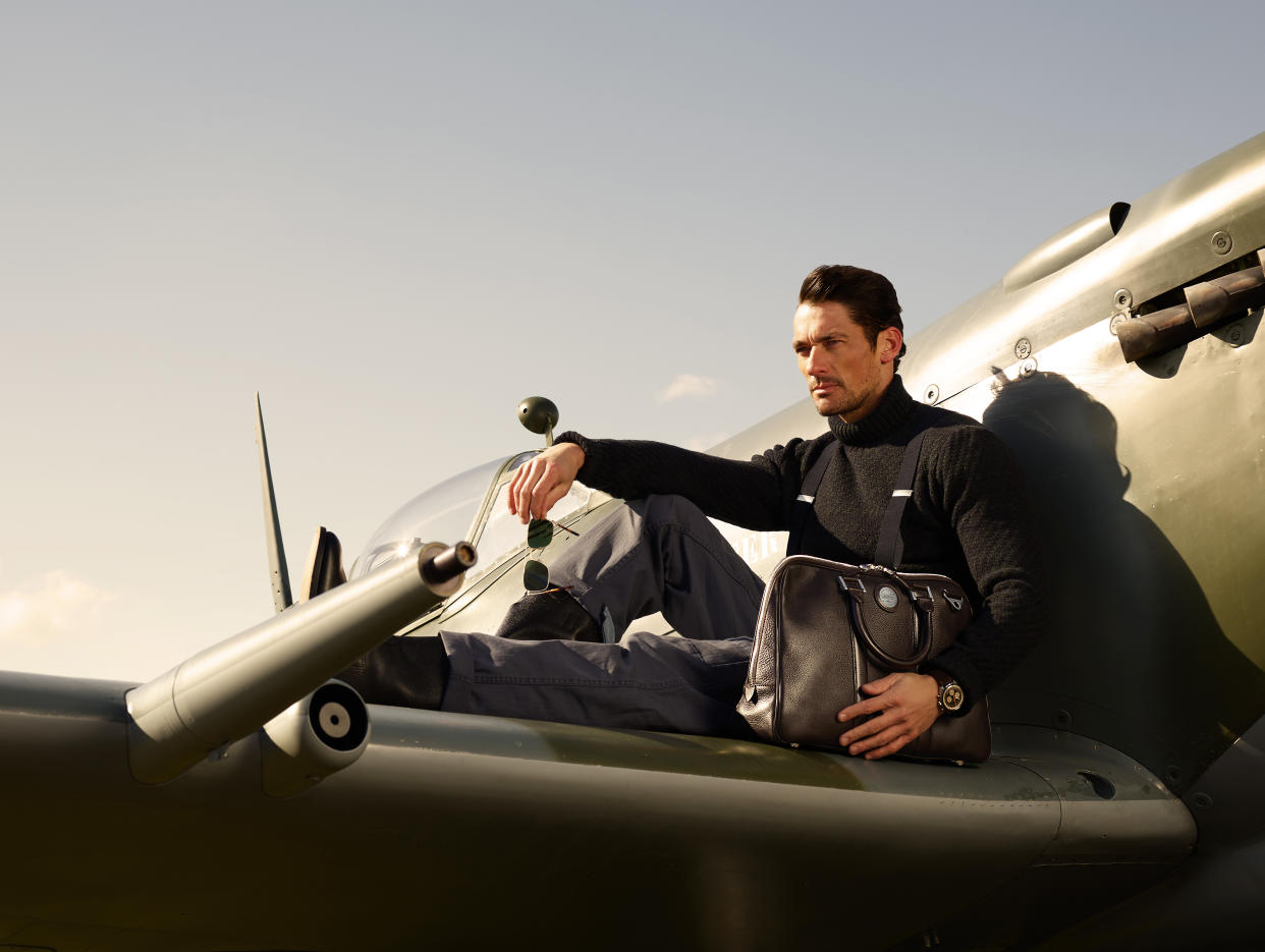 David Gandy poses on a Spitfire for his new Aerodrome Collection designed with Aspinal of London [Photo: Andy Barnham]