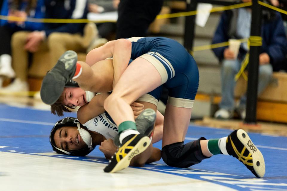 Cooper Merli, NFA, top wrestles William Soto, NFA bottom in the 102lb weight class of the Section 9 Division I wrestling finals in Central Valley, NY on Saturday February 11, 2023.ALLYSE PULLIAM/For the Times-Herald Record