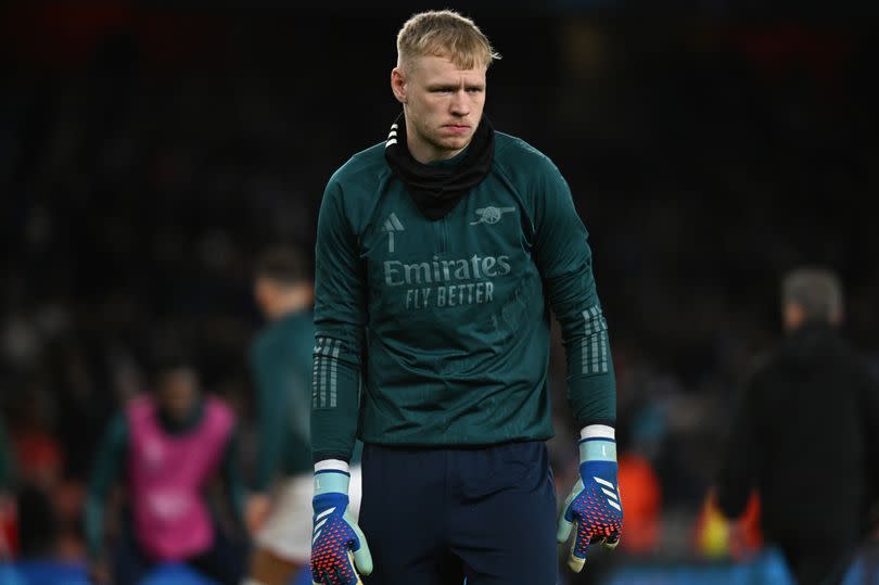 Arsenal goalkeeper Aaron Ramsdale warming up before the UEFA Champions League 2023/24 round of 16 second leg match between Arsenal FC and FC Porto at Emirates Stadium on March 12, 2024 in London, England