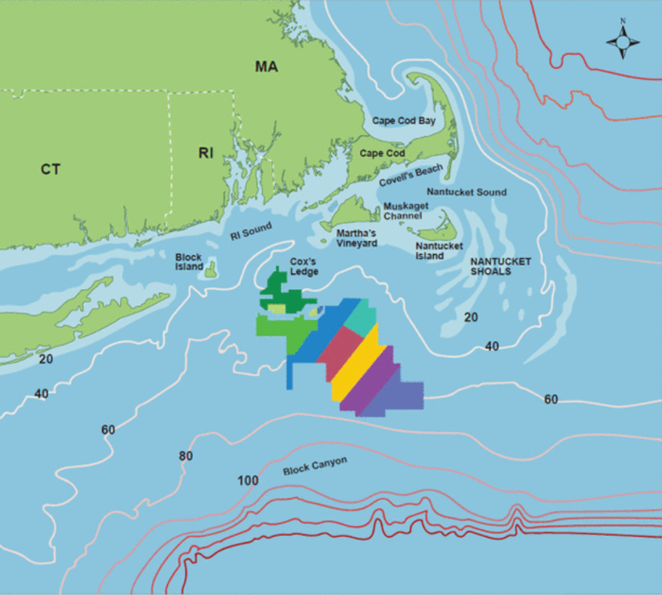 Map of the Nantucket Shoals region, showing current wind-power lease areas (colored zones) and water depth contours (red and white lines) in meters. <a href="https://nap.nationalacademies.org/read/27154/chapter/2" rel="nofollow noopener" target="_blank" data-ylk="slk:NASEM 2023;elm:context_link;itc:0;sec:content-canvas" class="link ">NASEM 2023</a>, <a href="http://creativecommons.org/licenses/by-nd/4.0/" rel="nofollow noopener" target="_blank" data-ylk="slk:CC BY-ND;elm:context_link;itc:0;sec:content-canvas" class="link ">CC BY-ND</a>