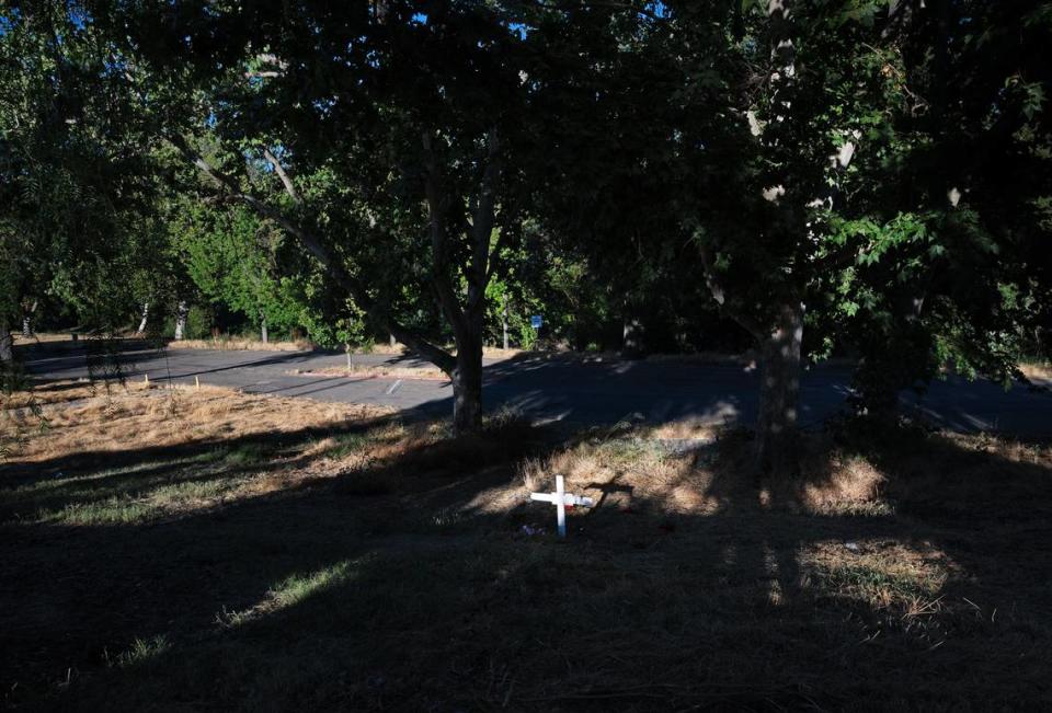 The family of Christine Chavez created a memorial for the homeless woman who was killed accidentally by a landscaping crew at Beard Brook Park in Modesto, Calif., Friday, July 14, 2023.